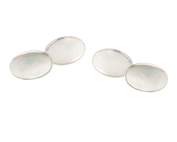 925 Sterling Silver Mother Of Pearl Double Oval Chain Link Cufflinks