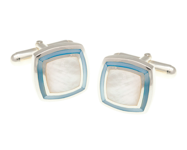 925 Sterling Silver Blue White Mother of Pearl Picture Frame Cufflinks