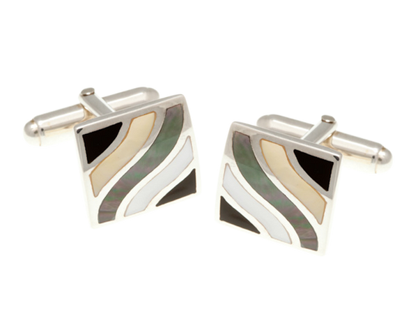 925 Sterling Silver Subtle Wave Multi Mother of Pearl Onyx Cufflinks
