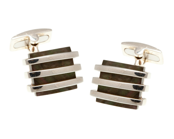 Band Of Silver Cufflinks With Smoky Mother Of Pearl & 925 Sterling Silver