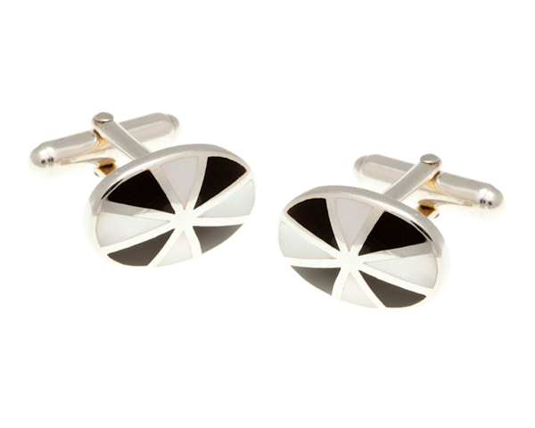 925 Sterling Silver Sunray Mother of Pearl Onyx Cufflinks