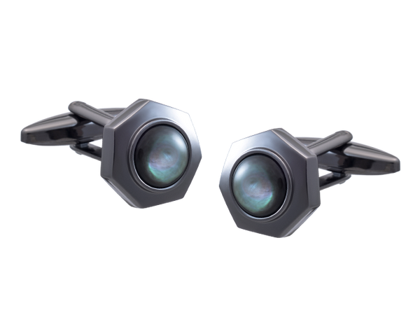 A Bolt Of Elegance Gunmetal & Smokey Mother Of Pearl Hexagon Cufflinks