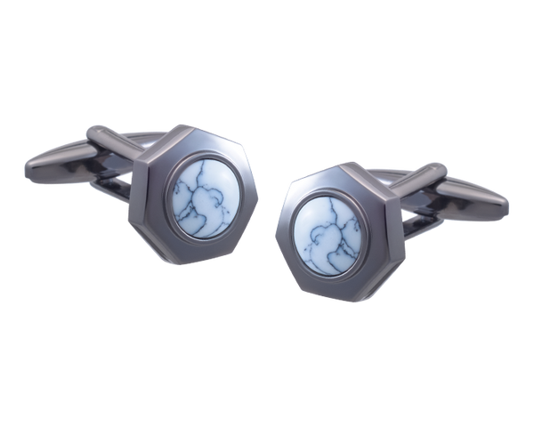 A Bolt Of Elegance Gunmetal & Howlite Hexagon Cufflinks