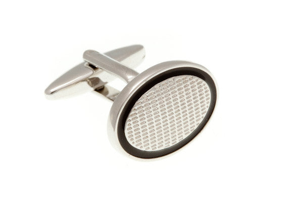 Patterned Oval With Black Rim Plain Metal Enamel Cufflinks - by Elizabeth Parker England