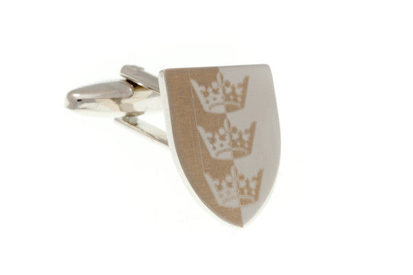 England English 3 Crowns Coronet Shield Half Polished Half Matt Finish Plain Metal Simply Metal Cufflinks - by Elizabeth Parker England