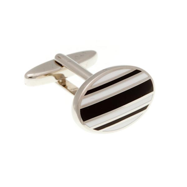 Gentlemen's Striped Black and White Enamel Oval Cufflinks by Elizabeth Parker