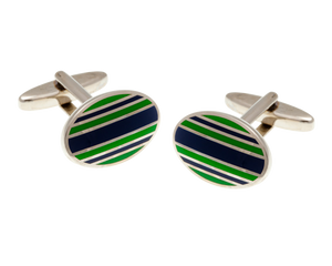 Striped Navy Blue & Racing Green Oval Cufflinks