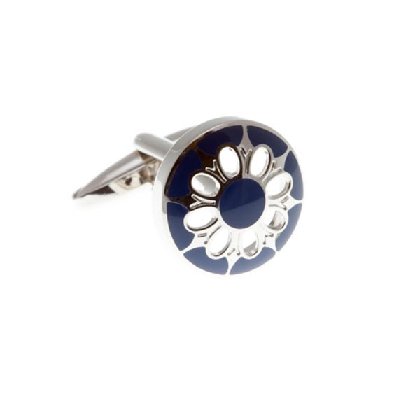 Circular Cufflinks With Dark Blue Enamel Face and Flower Shaped Cutout by Elizabeth Parker