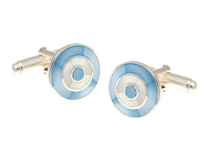 Solid Silver Blue White Mother Of Pearl Target Cufflinks