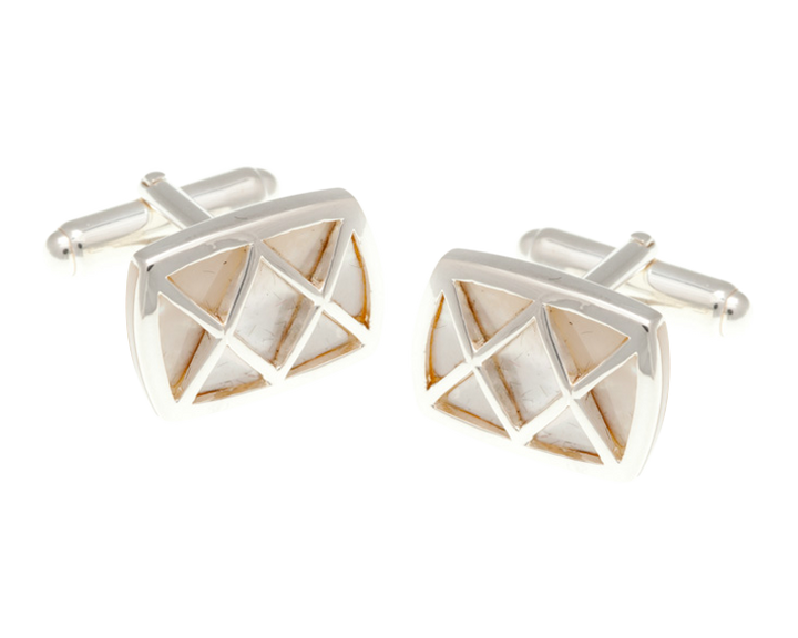 Solid Silver Rectangle Criss Cross White Mother Of Pearl Cufflinks