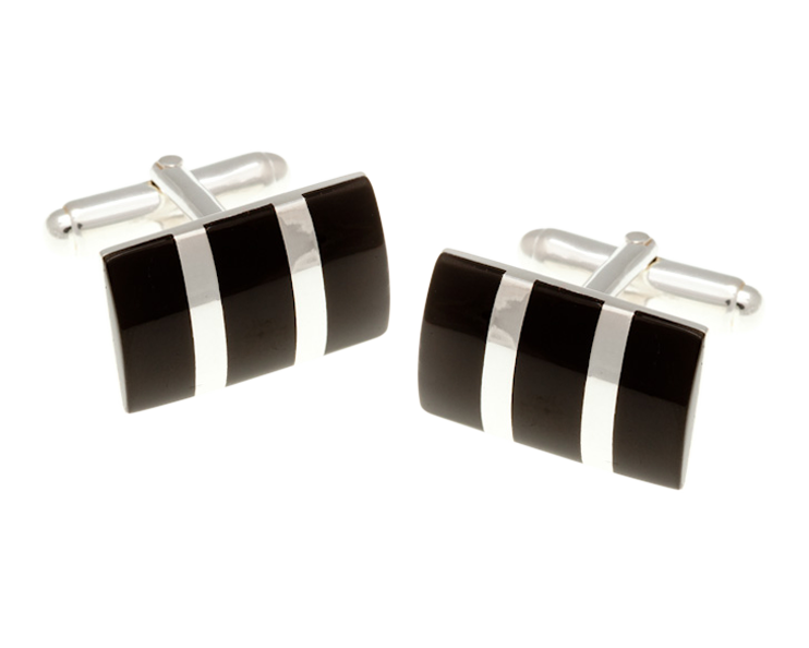 Solid Silver Rectangular Striped Onyx Cufflinks