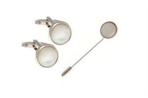 Round Mother Of Pearl Stick Pin & Cufflinks Set by Elizabeth Parker England