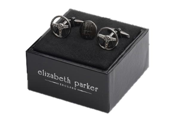Motoring enthusiasts plain metal iconic steering wheel styled cufflinks with antique finish gear stick head lapel pin by Elizabeth Parker
