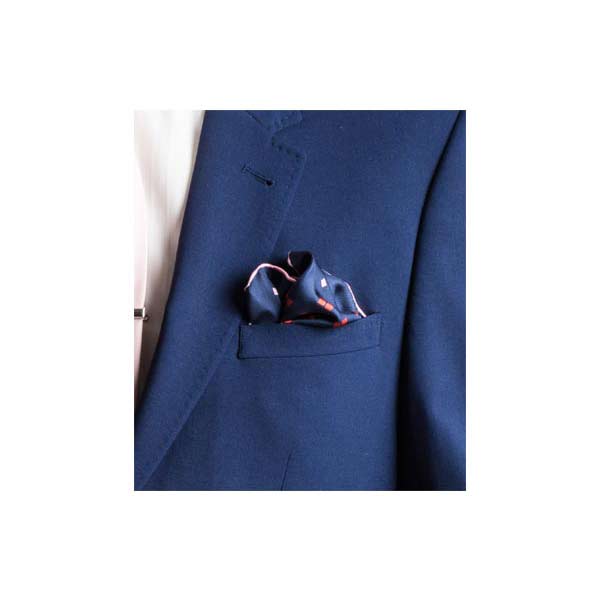 Elizabeth Parker Pink, Red and Navy Diamonds For Ever Silk Pocket Square in jacket pocket