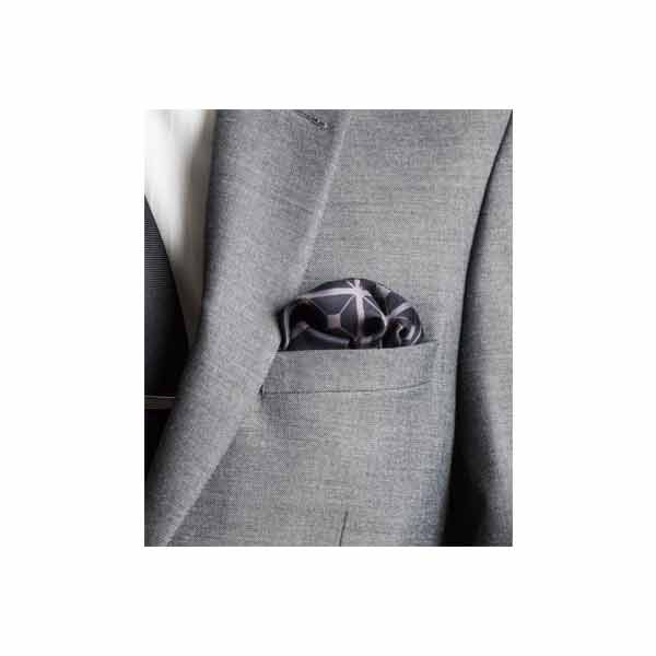 Diagonal Square Black and Grey Silk Pocket Square By Elizabeth Parker in jacket pocket
