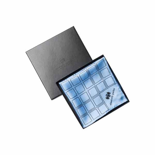 Check Grid Sky Blue Silk Pocket Square by Elizabeth Parker in gift box