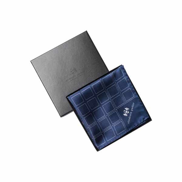 Check Grid Navy Silk Pocket Square by Elizabeth Parker in gift box