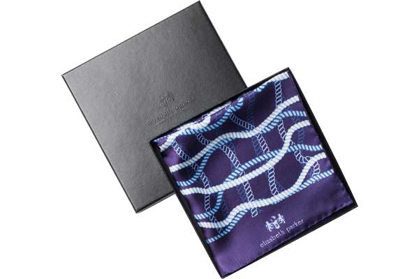 Navy, light blue and white rope twist silk pocket square by Elizabeth Parker