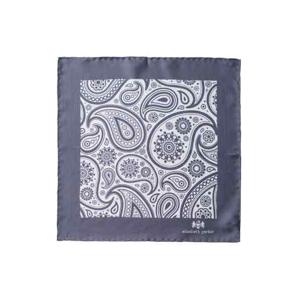 Paisley Swirl Silk Pocket Square Light and Dark Grey by Elizabeth Parker