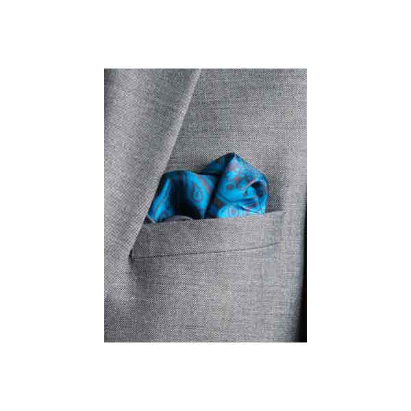 Paisley Swirl Silk Pocket Square Teal and Grey by Elizabeth Parker in jacket pocket