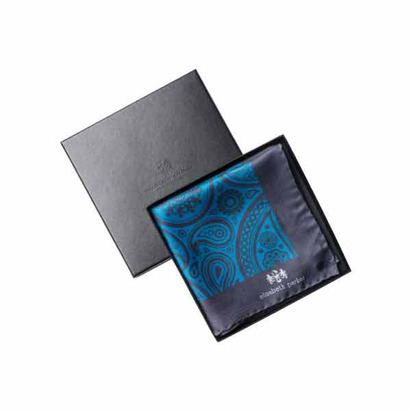 Paisley Swirl Silk Pocket Square Teal and Grey by Elizabeth Parker in gif