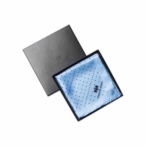 Sky Blue Multi Dotty Silk Pocket Square by Elizabeth Parker in gift box
