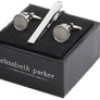Round plain metal cufflinks with textured centre and matching tie clip by Elizabeth Parker