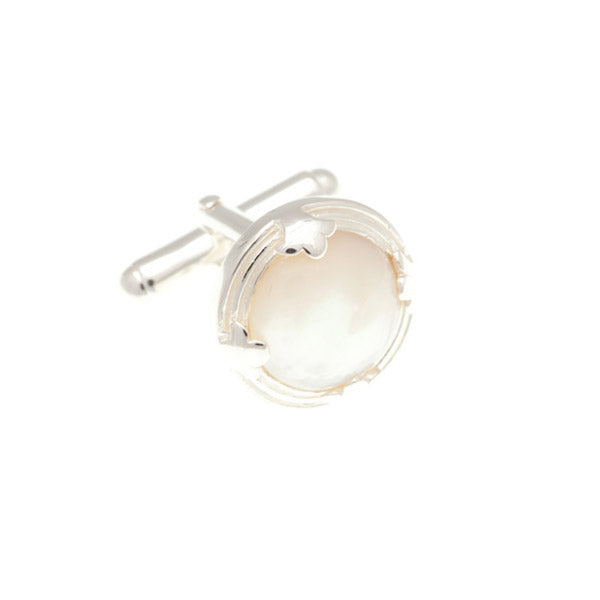 .925 Sterling SilverLeaf Edged Round Mother Of Pearl Cufflinks by Elizabeth Parker England