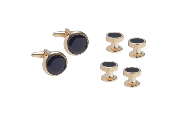 4 Round Onyx and Gold Dress Stud & Cufflink Set