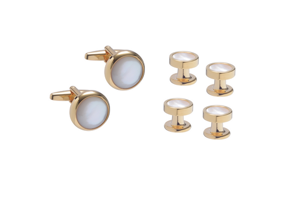 4 Round Mother of Pearl and Gold Dress Studs & Cufflink Set