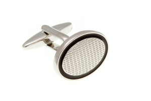 Patterned Oval With Black Rim Plain Metal Enamel Cufflinks - by Elizabeth Parker England