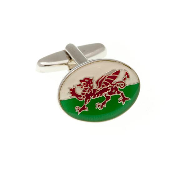 Wales Welsh Flag White Green Red Dragon Patriotic Enamel Cufflinks by Elizabeth Parker England