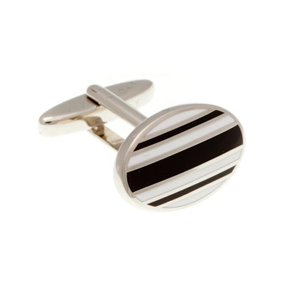 Gentlemen's Striped Black  and White Enamel Oval Cufflinks by Elizabeth Parker