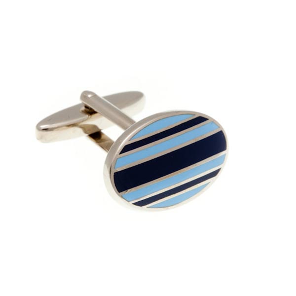 Gentlemen's Stripe Navy Blue and Light Blue Enamel Oval Cufflinks by Elizabeth Parker
