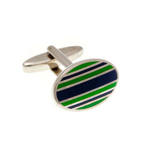 Navy Blue & Racing Green Striped Enamel Oval Cufflinks by Elizabeth Parker