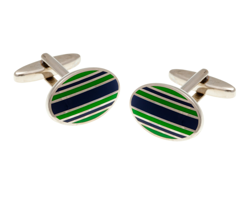 Striped Navy Blue & Racing Green Oval Cufflinks