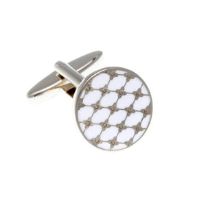 White Enamel Trellis Patterned Round cufflinks by Elizabeth Parker England