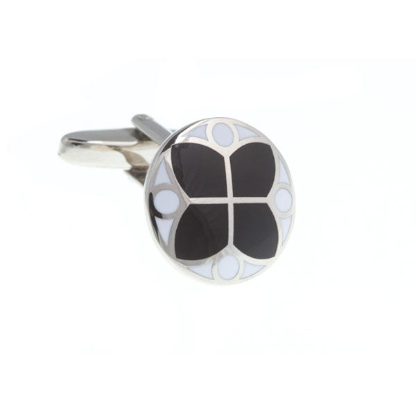 Round Black and White Stained Glass Styled Flower Enamel Cufflinks by Elizabeth Parker England