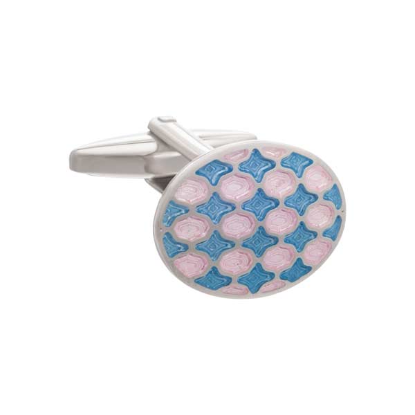 Pink and Blue Enamel Harlequin Patterned Oval Cufflinks by Elizabeth Parker