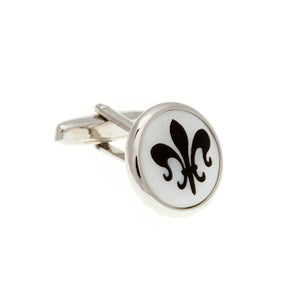 Mother Of Pearl With Black Enamel Fleur de Lys deign cufflinks by Elizabeth Parker