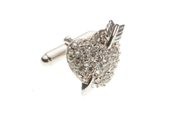 Mad & Bad Crystal Heart Clear Novelty Plain Metal Crystal Cufflinks - by Elizabeth Parker England