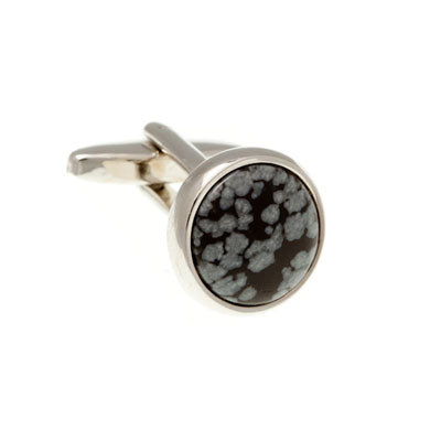Round Cabochon Snowflake Black Onyx and White Semi Precious Stone Cufflinks by Elizabeth Parker