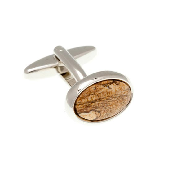 Oval Cabochon Picture Jasper Red Brown Yellow Sand Marble Effect Semi Precious Stone Cufflinks by Elizabeth Parker England