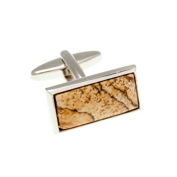 Oblong Cabochon Picture Jasper Red Brown Yellow Sand Marble Effect Semi Precious Stone Cufflinks by Elizabeth Parker England