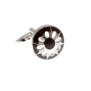 Circular Cufflinks With Black Enamel Face and Flower Shaped Cutout by Elizabeth Parker