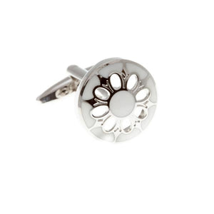 Circular Cufflinks With White Enamel Face and Flower Shaped Cutout by Elizabeth Parker