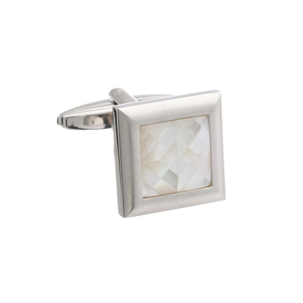 Square Brushed Metal Cufflinks with Spider's Web White Mother of Pearl Inlay by Elizabeth Parker