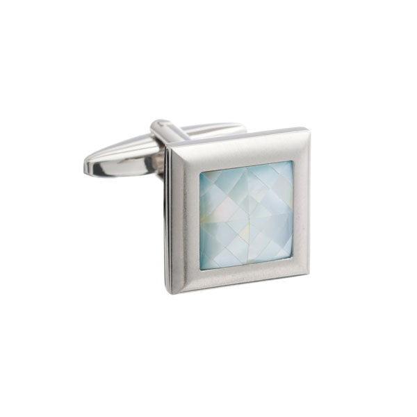 Square Brushed Metal Cufflinks with Spider's Web Blue Mother of Pearl Inlay by Elizabeth Parker