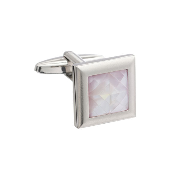 Square Brushed Metal Cufflinks with Spider's Web Pink Mother of Pearl Inlay by Elizabeth Parker