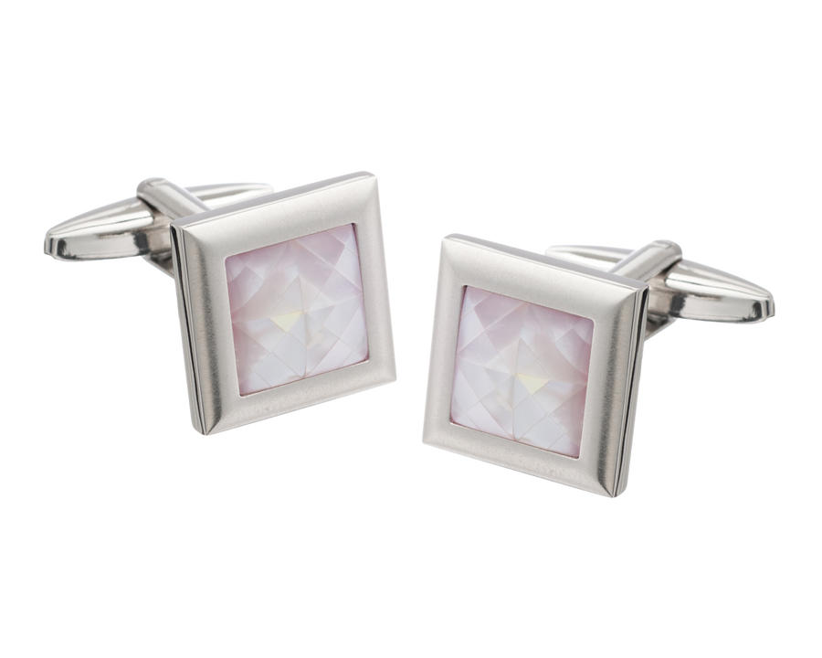 Square Spider's Web Pink Mother of Pearl Inlay Metal Cufflinks